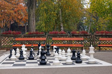 Sonbahar sezonu parkta satranç figürleri