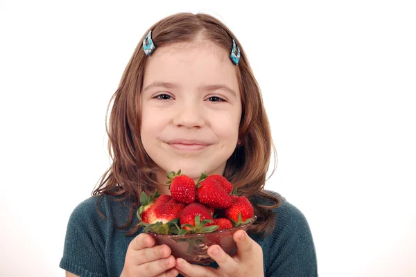 Happy little girl with strawberries portrait — Stock Photo, Image