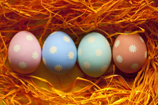 Four colored Easter eggs in the nest — Stock Photo, Image