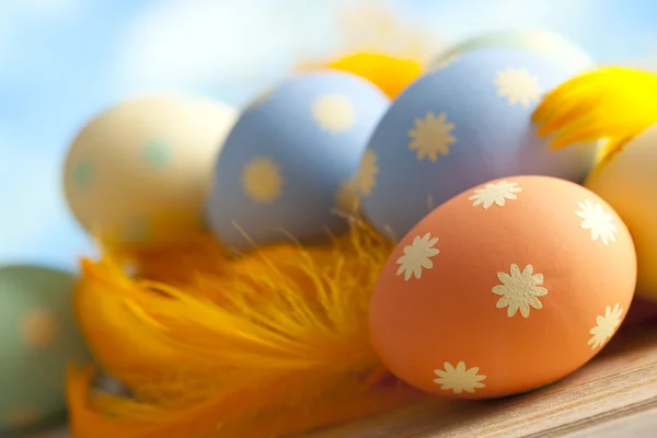 Festett húsvéti tojásokat és a háttérégbolt sárga tollak — Stock Fotó