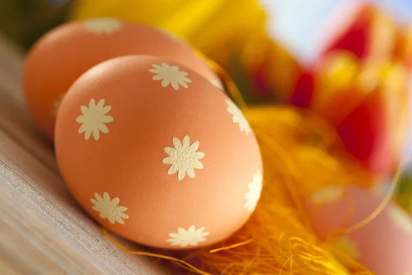 Цветные пасхальные яйца и тюльпаны — стоковое фото