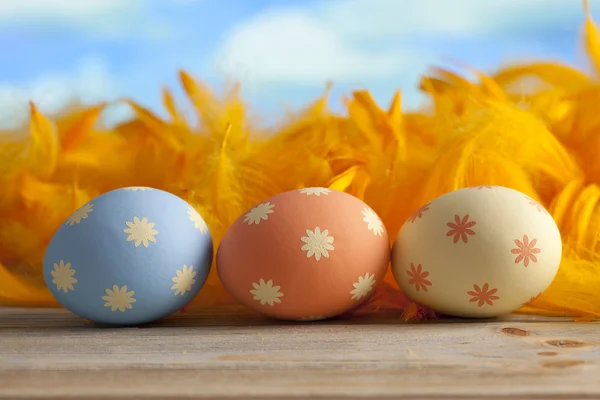 Colorful Easter eggs and feathers on blue background — Stock Photo, Image