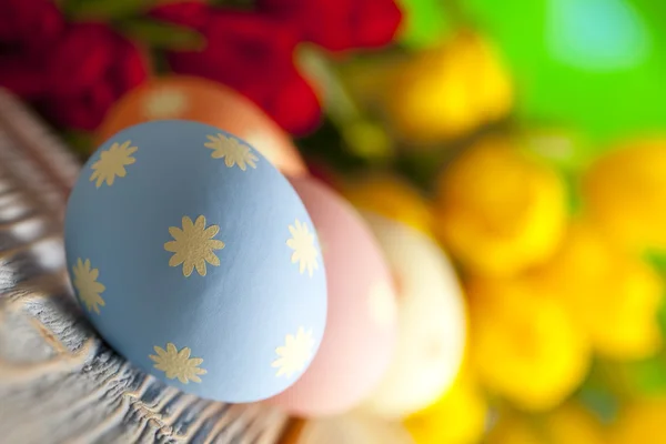 Uova di Pasqua dipinte su tavola di legno e sfondo naturale — Foto Stock