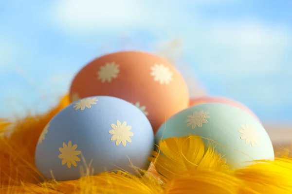 Húsvéti tojás és a háttérégbolt tollak — Stock Fotó