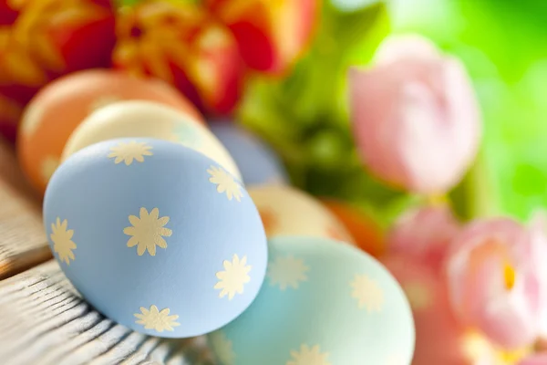 Bemalte Ostereier in Pastellfarben und bunte Frühlingsblumen — Stockfoto