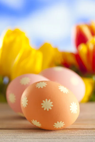 Bemalte Ostereier und bunte Blumen auf Himmelshintergrund — Stockfoto