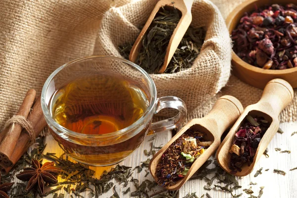 Šálek čaje a směsice nejrůznějších čajových lístků — Stock fotografie