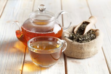 Ahşap masa üzerinde bardak çay, çaydanlık ve çay yaprakları