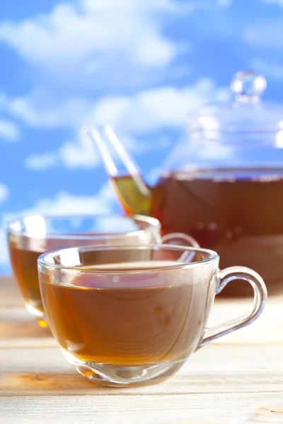 Taza de té y tetera sobre fondo natural — Foto de Stock