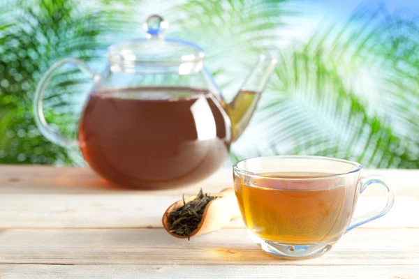 Xícara de chá e bule no fundo da natureza — Fotografia de Stock