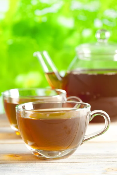 Kopje thee en theepot op natuur achtergrond — Stockfoto