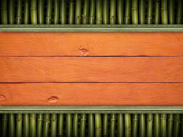 Wooden planks on bamboo stick background — Stock Photo, Image