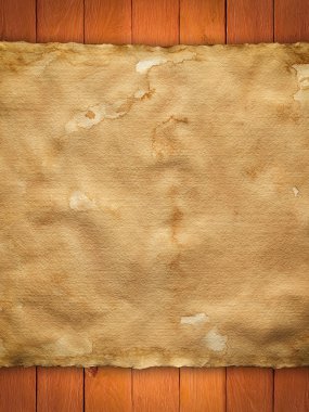 Ahşap arka plan üzerinde eski lekeli kağıt levha