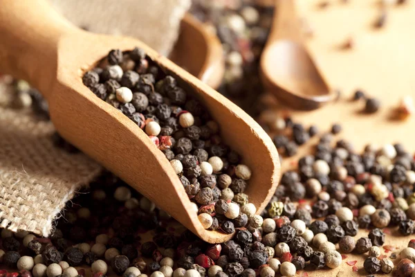 Kleurrijke peper en houten lepel — Stockfoto