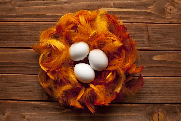 ไข่ขาวและขนบนกระดานไม้ — ภาพถ่ายสต็อก