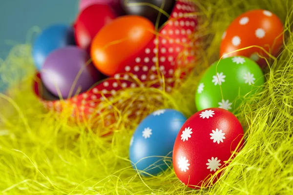 Colored Easter eggs on the grass and blue sky background — Stock Photo, Image