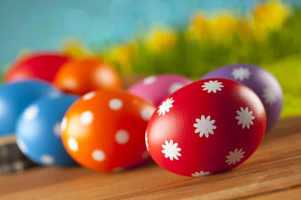Colored Easter eggs on blue background — Stock Photo, Image