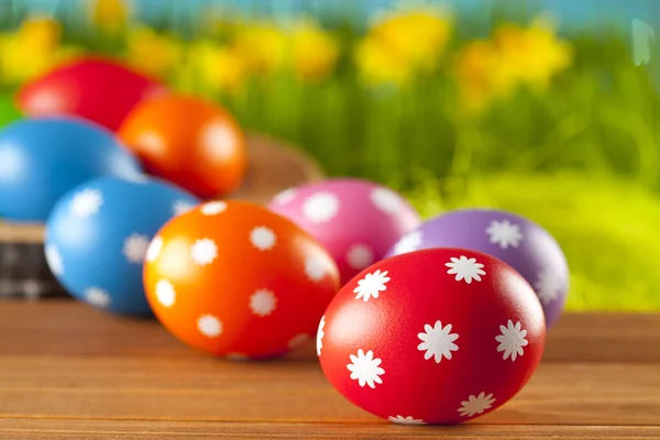 Colored Easter eggs on blue background — Stock Photo, Image