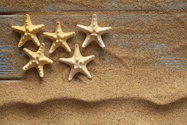 Starfishes em areia e pranchas — Fotografia de Stock