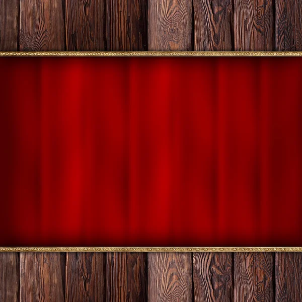 Brown wood plank wall and red wavy textile — Stock Photo, Image