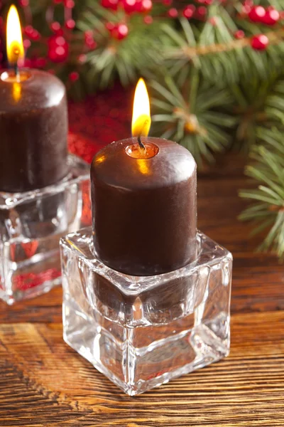 Christmas background - candles and spruce tree — Stock Photo, Image