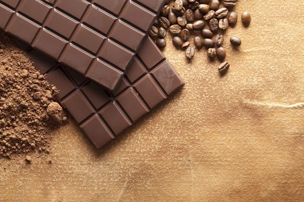 Chocolate, cacao y granos de café — Foto de Stock