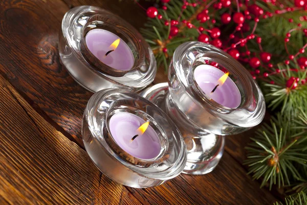 Christmas background - candles and spruce tree — Stock Photo, Image