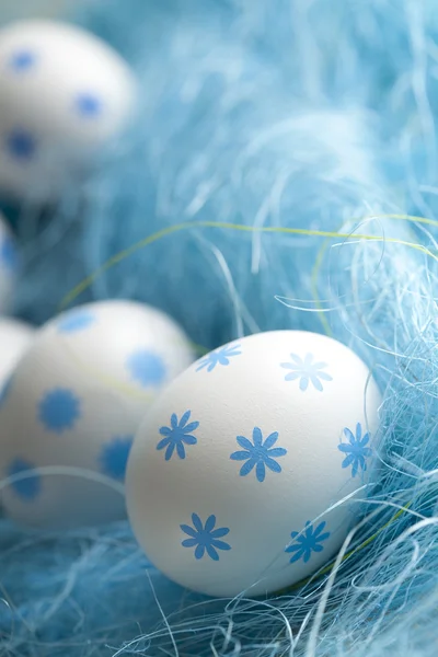 Witte eieren met blauwe patroon in blauwe nest — Stockfoto