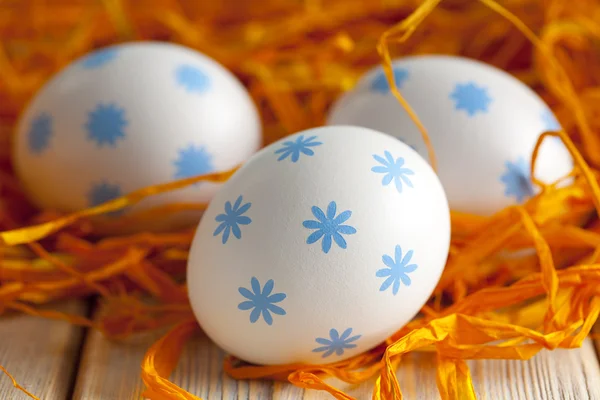 Modré a bílé velikonoční vejce v hnízdě oranžové — Stock fotografie