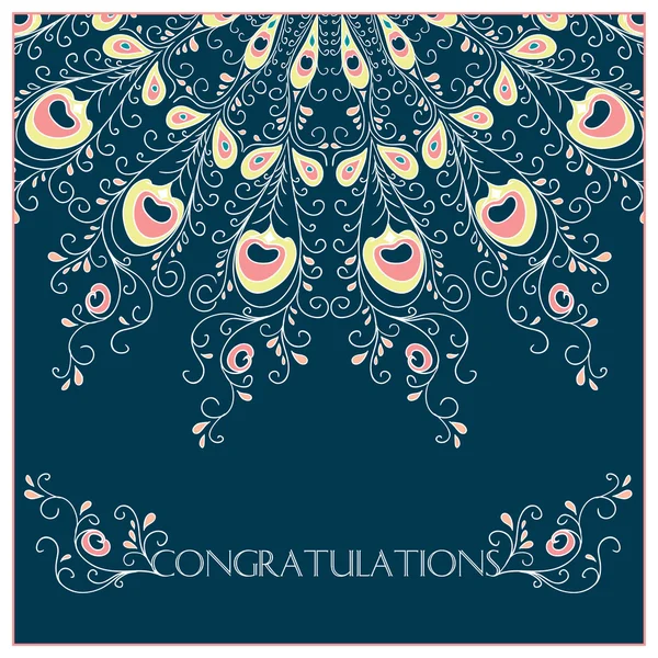 Congratulation card with  peacock feathers — Stock Vector