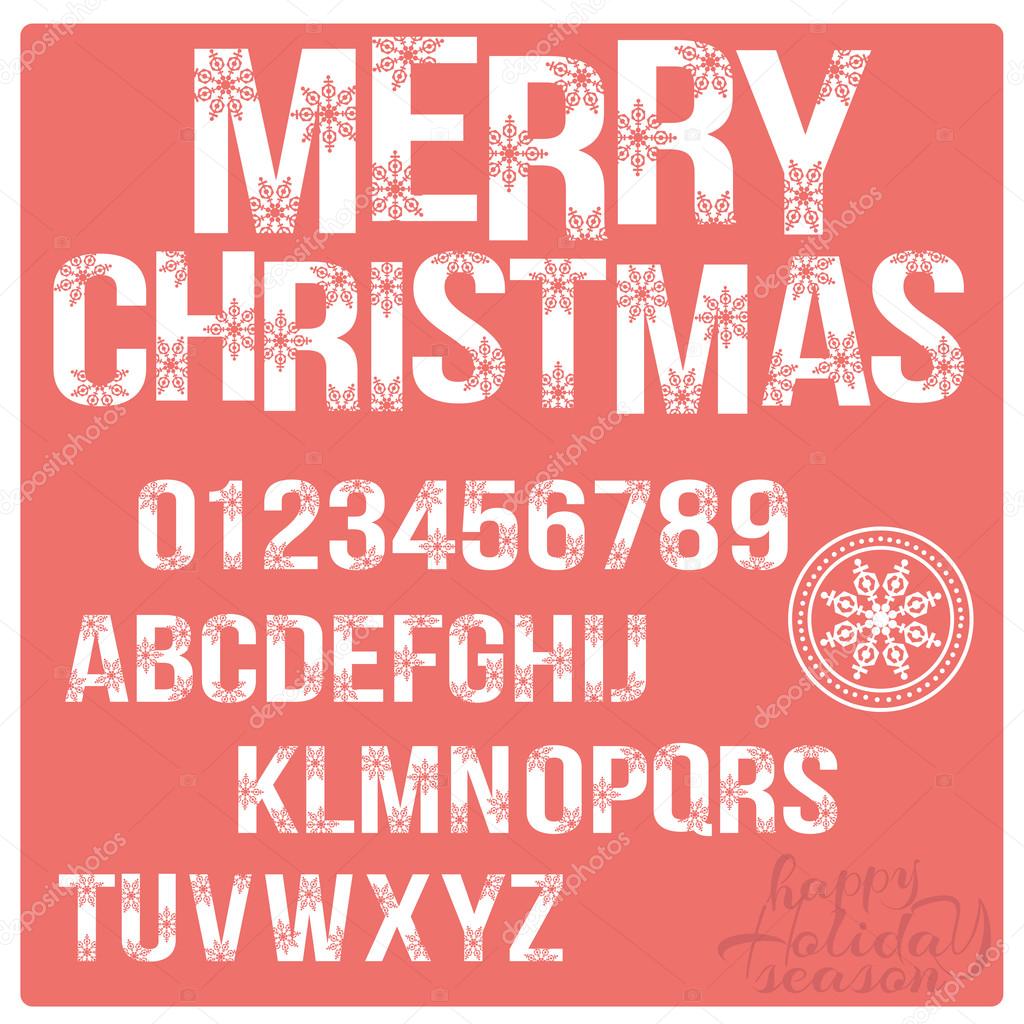 Set of Christmas stylized alphabet and numbers with snowflakes. Vector A, B, C, D, E, F, G, H, I, J, K, L, M, N, O, P, Q, R, S, T, U, V, W, X, Y, Z, 0, 1, 2, 3, 4, 5, 6, 7, 8, 9.