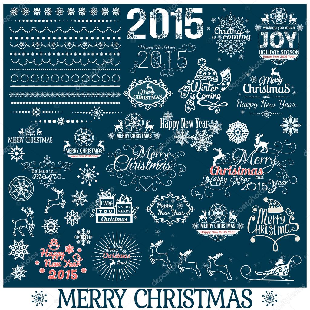 Hand Drawn Christmas And New Year Decoration Set, vector illustration.