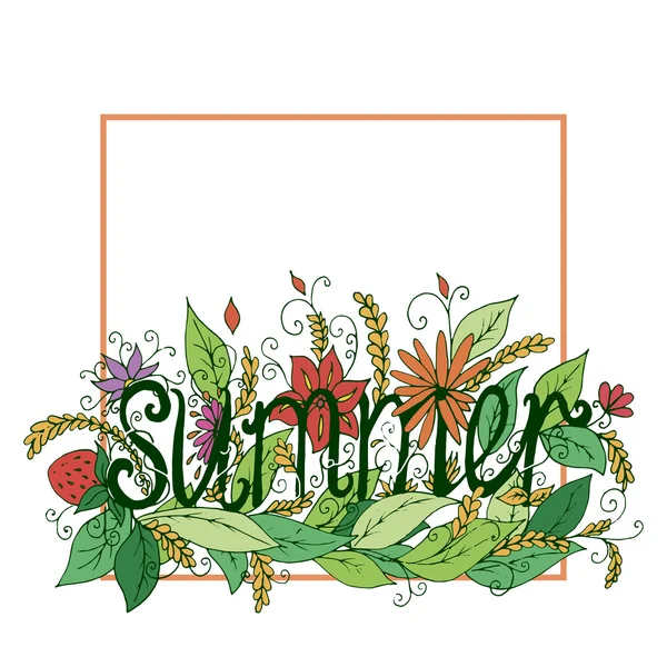 Letras de verano con marco floral — Vector de stock