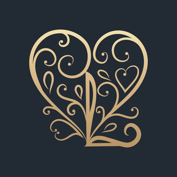 Golden calligraphic floral L and heart — Stock Vector