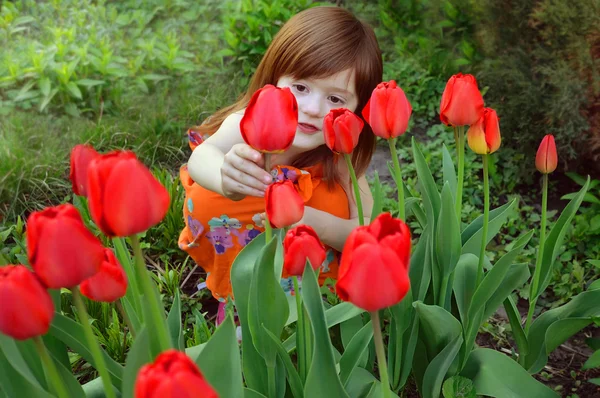 Mädchen mit Tulpen — Stockfoto