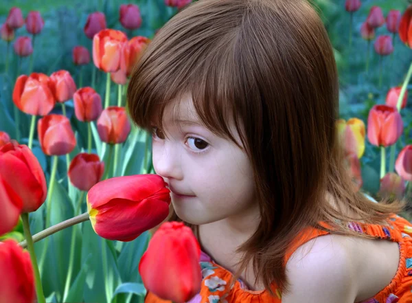 Ragazza con tulipani — Foto Stock