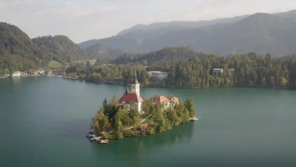 布莱德湖与教堂岛上的圣母玛利亚 空中拍摄到了一个美丽的斯洛文尼亚夏日 — 图库视频影像