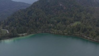 Bled Gölü ve Mary 'nin varsayımının bulunduğu kilise adası, Slovenya' nın güzel bir yaz gününde çekilmiş hava görüntüleri.