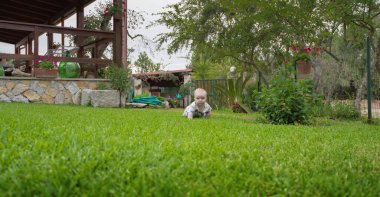 Dışarıdaki çimenlerde emekleyen bir bebek.