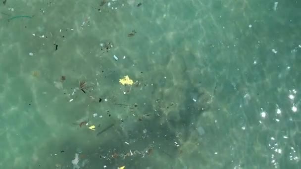 Luchtfoto Van Vervuild Strand Plastic Drijvend Zee — Stockvideo