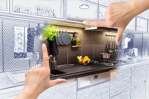 Female hands framing custom kitchen design. — Stock Photo, Image