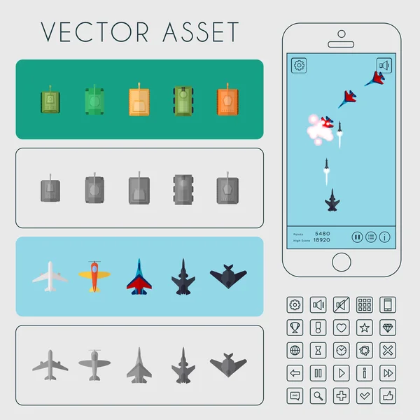 Flygplan och stridsvagnar enheter uppsättning. Vector spelet tillgång — Stock vektor