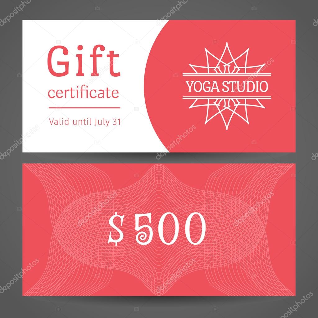 Yoga ornamental gift certificate. Vector editable template include front and back side for relax or spa center, yoga studio, healthcare and traditional medicine