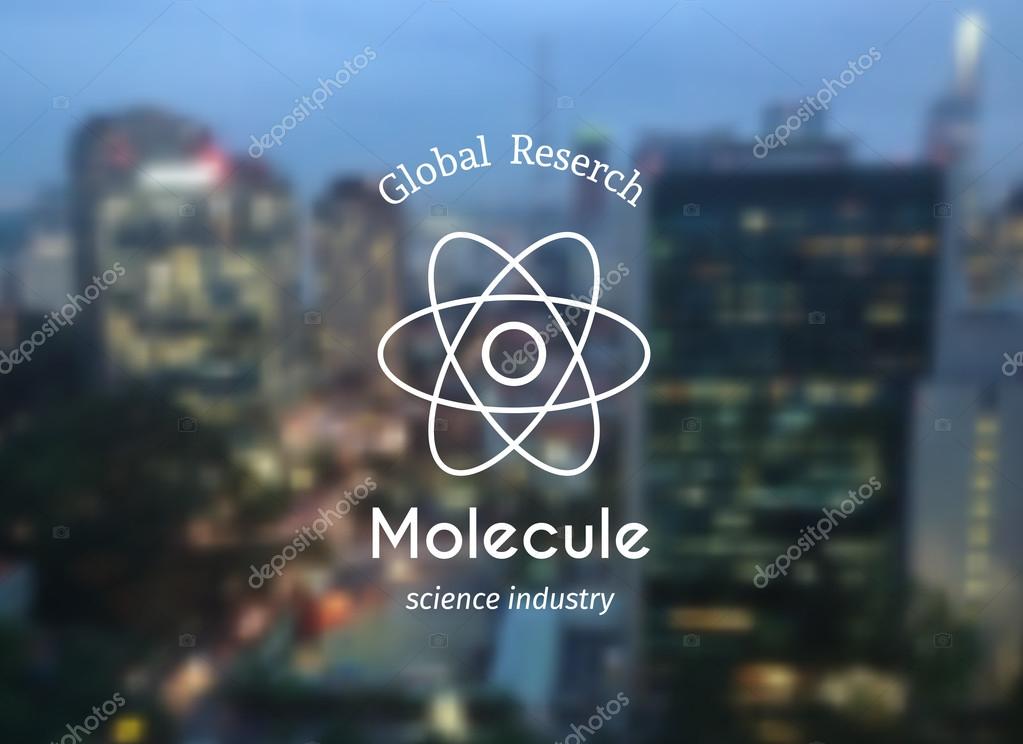 Vector molecule or atom logo on blurred city background