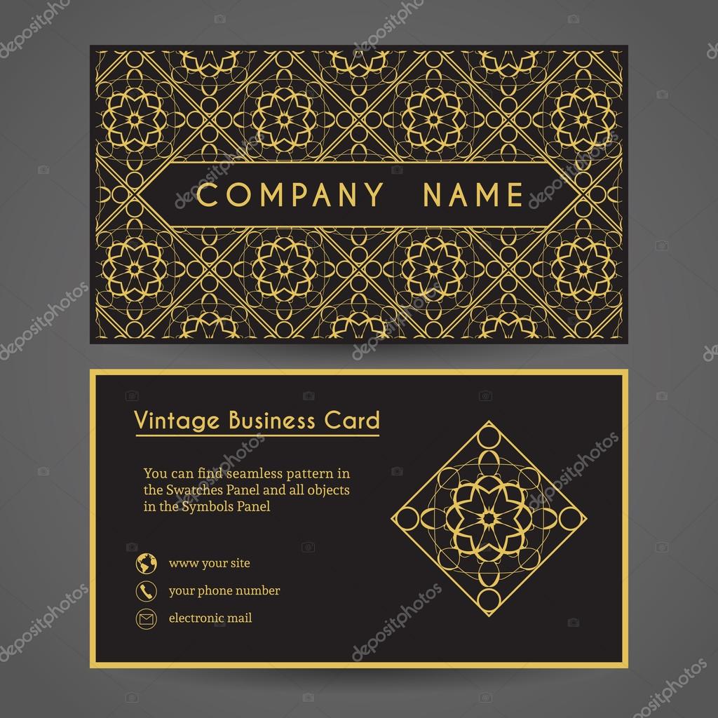 Luxury vintage business card. Vector editable template include front and back side, geometric pattern and contact icons