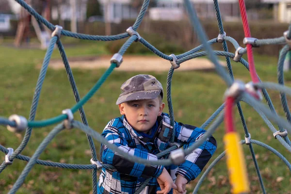 Caucasian Boy Duriing Cold Day Playground — Stock Photo, Image