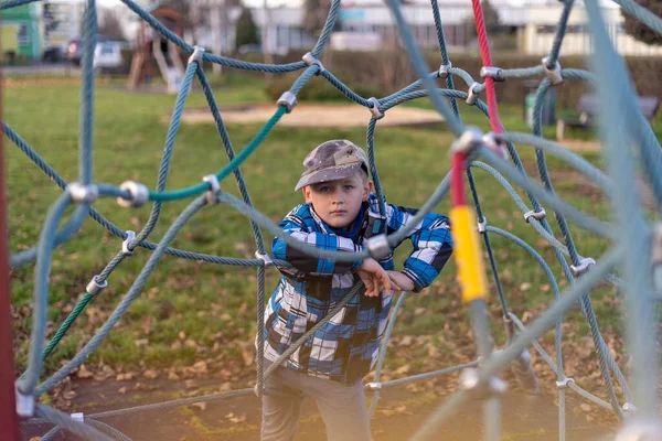 Caucasian Boy Duriing Cold Day Playground — Stock Photo, Image