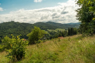 Krynica Zdroj yeşil tepeler ve ormanlarla çevrili dağ tatil köyünün panoramik yaz manzarası..