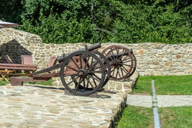 Muszyna, Küçük Polonya Voyvoda, Polonya - 05 Ağustos 2025 - Muszyna Kalesi 'nin taş tahtadan duvarlarında sergilenen iki tarihi top.
