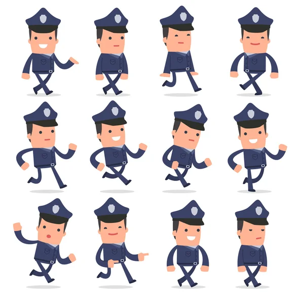 Set of Funny and Cheerful Character Officer goes and runs poses — Stock Vector